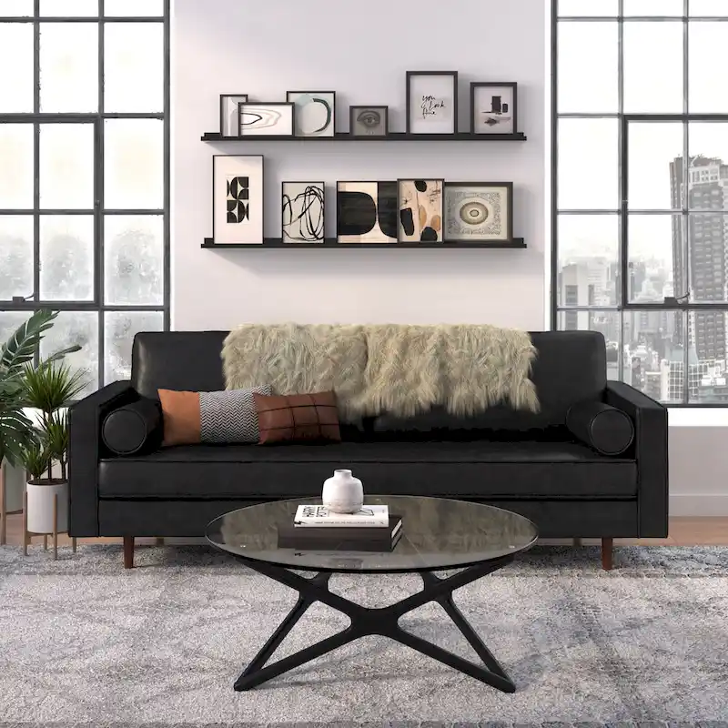 Genuine Leather 3-Seater Sofa, Solid Wood Frame, Contemporary Living Room