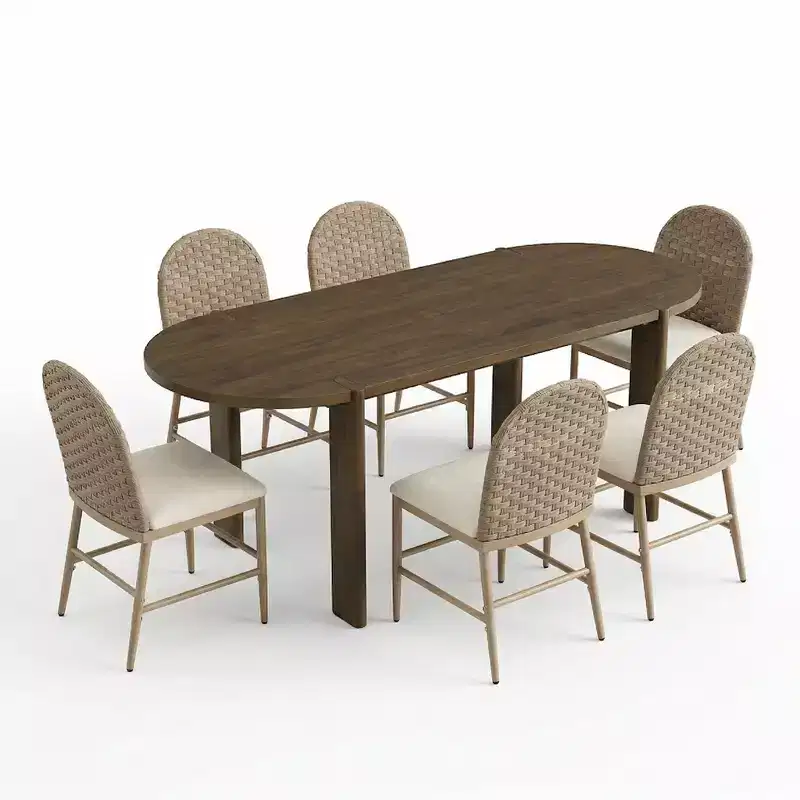 Christopher Knight Home Dori Modern 7 Piece Patio Rubberwood and Iron Dining Set with Oval Table and PE Rattan Design