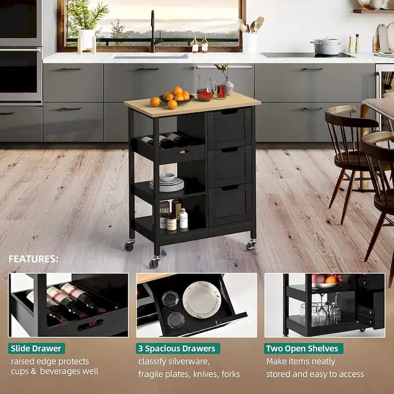 Rolling Kitchen Bar Trolley Serving Cart on Wheels with Wood Top