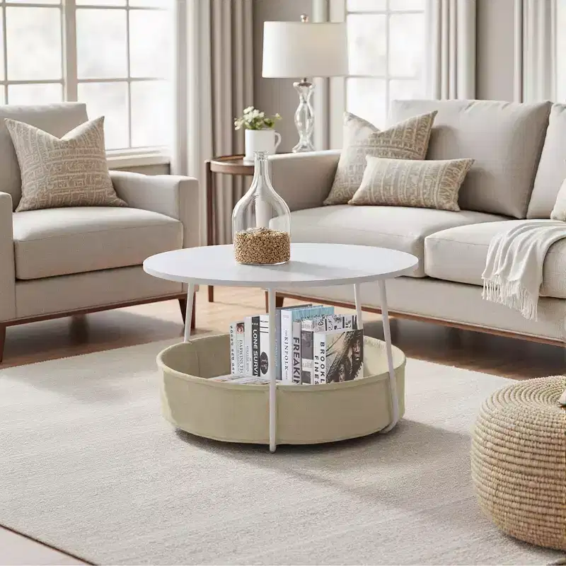 2-Tier Round Coffee Table with Fabric Storage Basket, Modern 29.53-Inch Accent Center Table for Living Room Bedroom Office, White/Camel