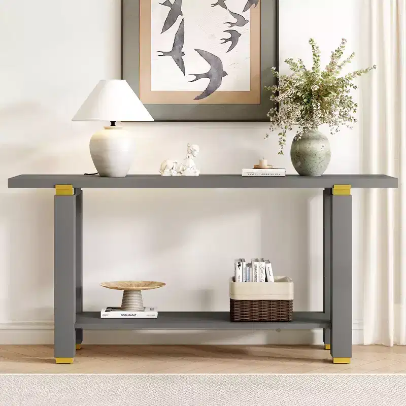 Okak 63IN Modern Narrow Console Table, Entryway Table with Metal Accents and Open Shelf, Accent Table for Living Room, Hallway, Gray