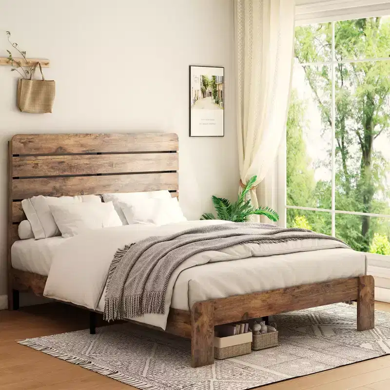 Full/Queen/King Size Platform Bed with Headboard, Wood Platform Bed Frame with Large Under Bed Storage, Dark Brown