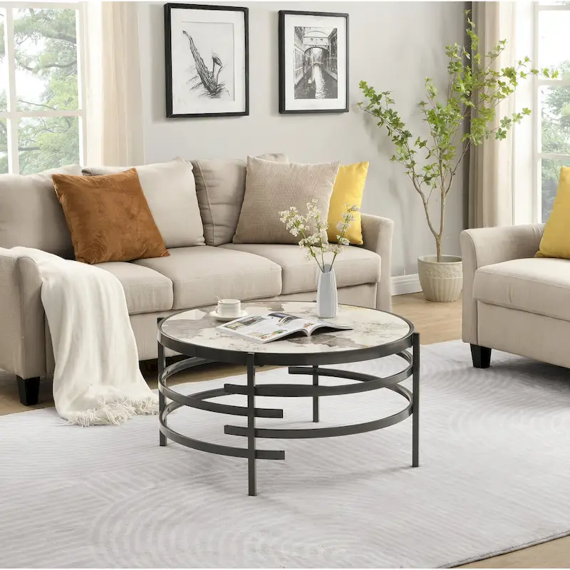 32.48 Modern Round Coffee Table with Sintered Stone Top & Sturdy Metal Frame