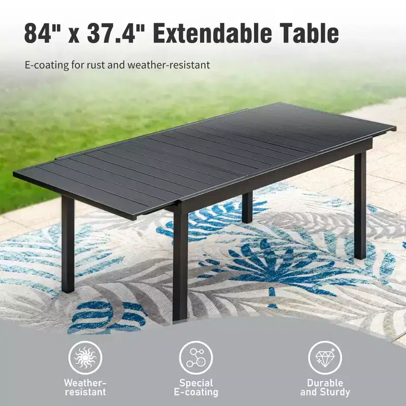 Captiva Designs 7pc Patio Dining Slat-top Expandable Rectangle Steel Table & Stylish Back Metal Chairs