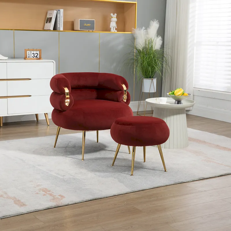 Wine Red Modern 29.1 Barrel Chair with Ottoman