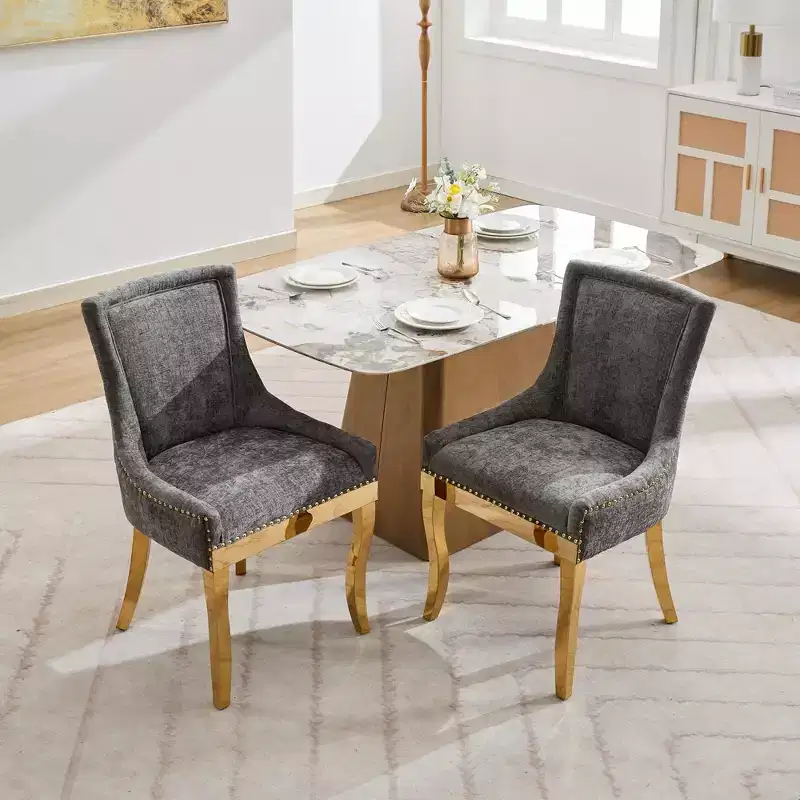Okak Modern Chenille Dining Chairs Set of 2, Comfy Fabric Chairs with Thick Upholstered, Accent Chairs with Gold - Plated Legs Rivet Trim