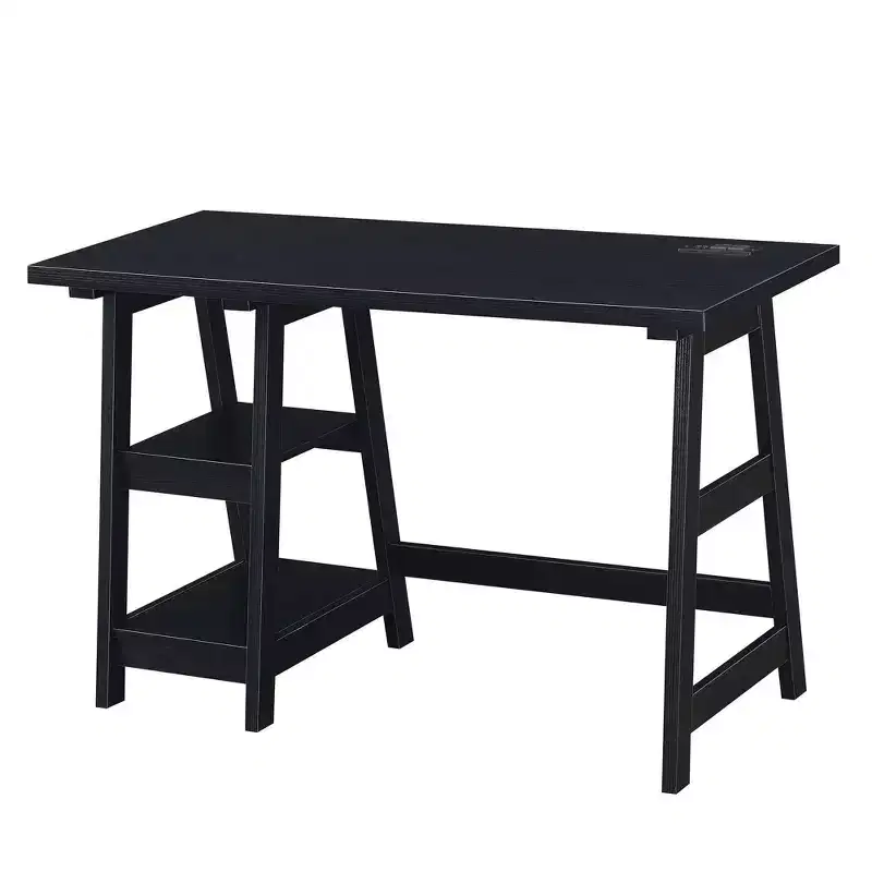 Trestle Home Office Desk with Built-In Charging Station and Display Shelves