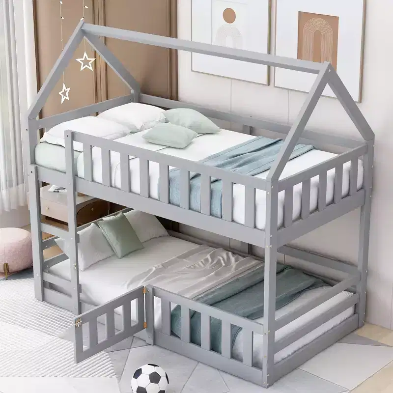 Okak 77IN Twin-Over-Twin Kids Bunk Bed with House Frame Decoration, Twin Bed with Fence and Door, Bed Frames for Kids Room, Play Room, Gray