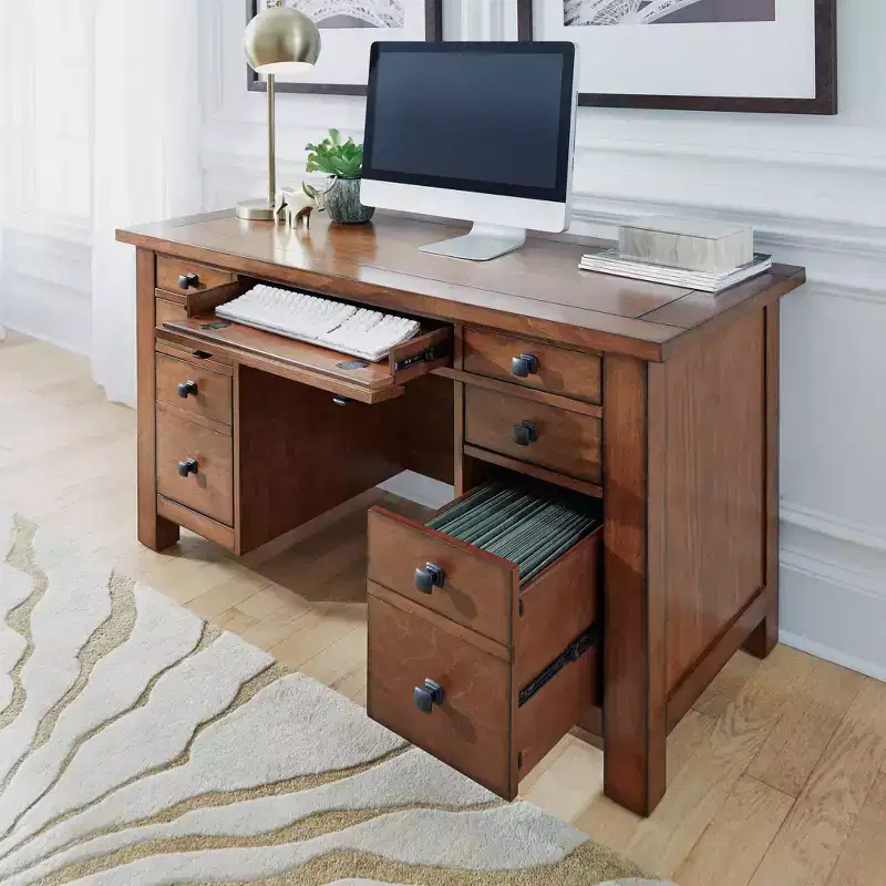 Tahoe Executive Pedestal Desk - Aged Maple - Home Styles: Hardwood, Mid-Century Modern Office Furniture
