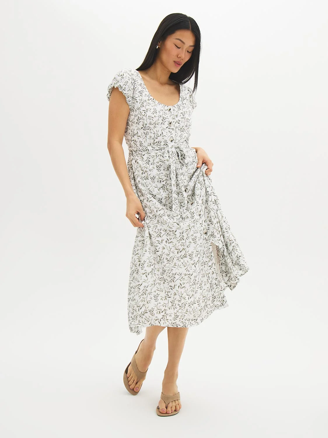 Leaf Print Button-Front Midi Dress