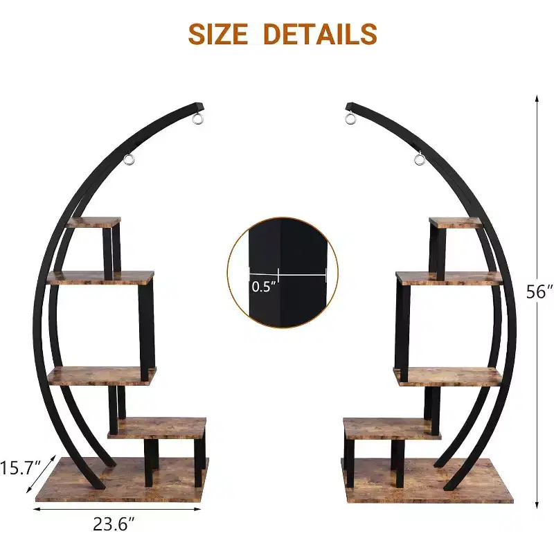 5-Tier Tall Metal Indoor Plant Stand,Half-Moon Garden Plant Holder with 4 Hanging Hooks,Round Flower Shelf Rack for Home,Balcony,Living Room & Garden