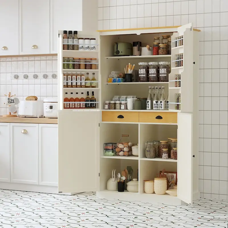 40.2x20x71.3inch High Freestanding Kitchen Pantry Cupboard Storage Cabinet with 2 Drawers, 2 Adjustable Shelves, 8 Door Shelves