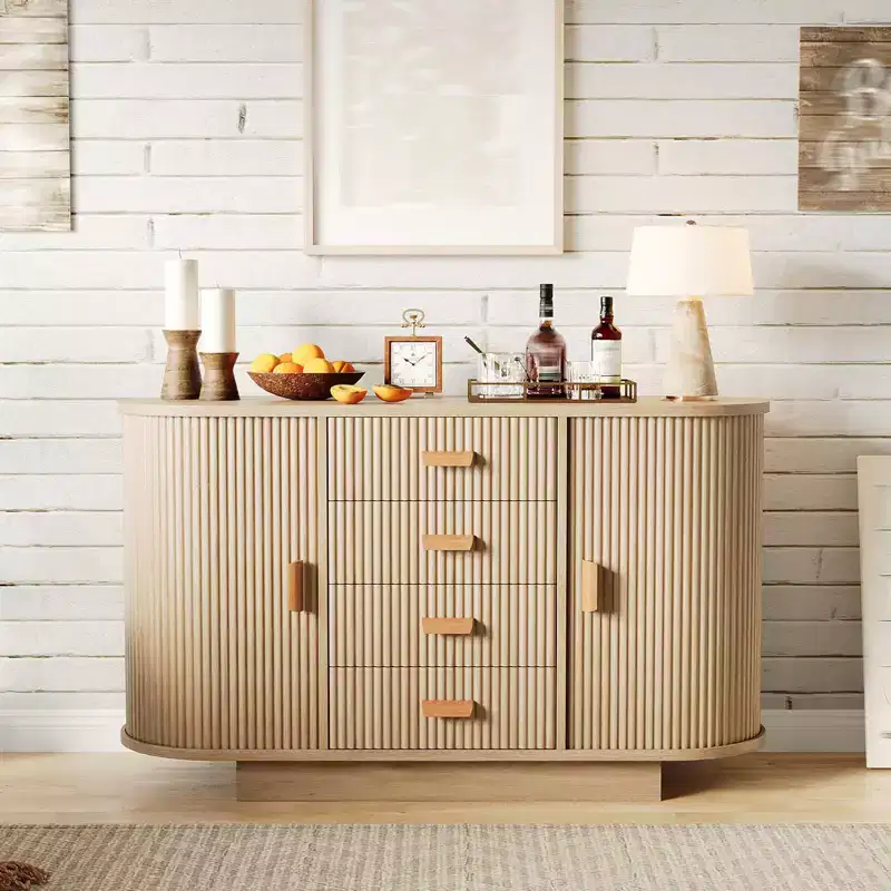 Buffet Cabinet, 47 Fluted Multi-Functional Coffee Bar with 4 Drawers & Sliding Doors - Modern Oak Sideboard