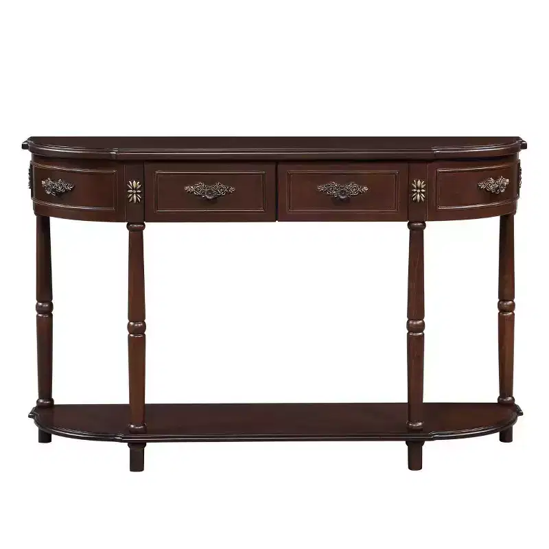 Hostack 52'' Retro Curved Wood Console Table with Open Shelf and 2 Drawers for Living Room and Hallway, Espresso