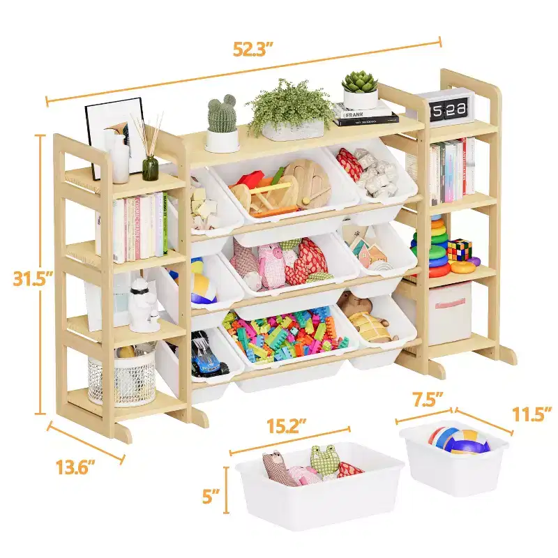 Toy Storage Organizer with 9 Shelves & 9 Bins, Kids Bookshelf and Bin Shelf for Bedroom, Playroom Organization and Decor