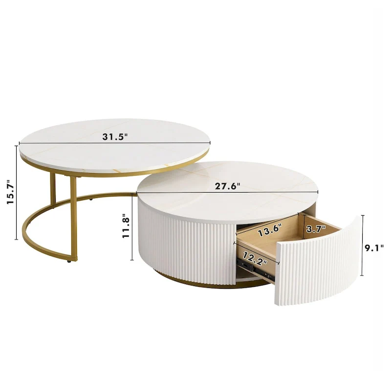 Modern Round Nesting Coffee Table Fluted with Drawer