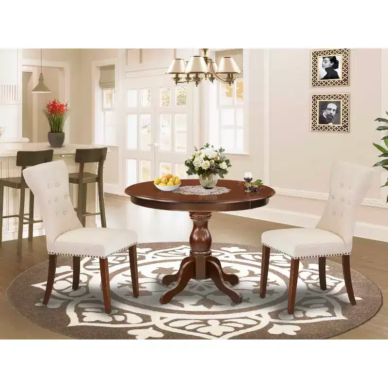 3-Piece Mahogany Finish Solid Wood Top - Round Button Tufted Dining Room Set - Seats 4