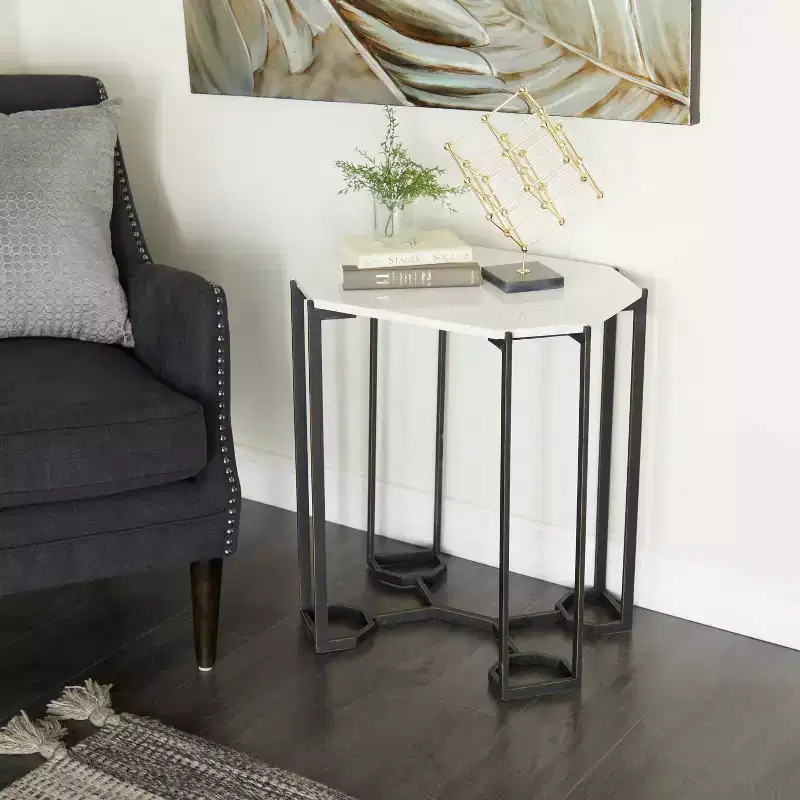 Contemporary Metal and Marble Geometric Accent Table White, Elegant Iron Top, No Assembly Required