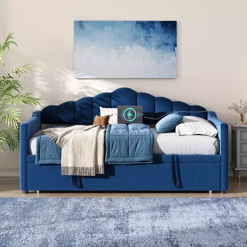 Twin Size Upholstered Daybed with Adjustable Height Pop Up Trundle, Extendable Sofa Bed with Charging Port and Side Pockets for Bedroom, Blue