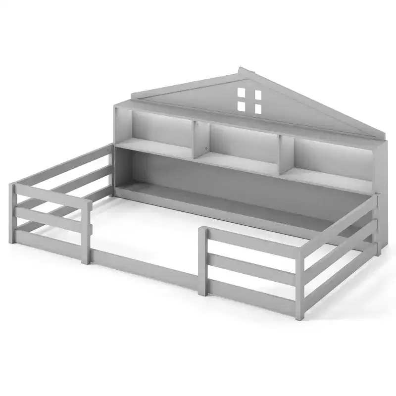 Costway Twin/Full Size Montessori Floor Bed with LED Lights Safety Guardrails Compartments Shelf White/Gray