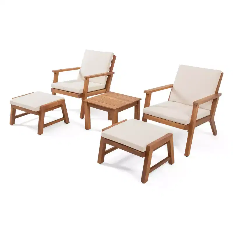 Christopher Knight Home Temecula Outdoor Acacia Wood 5 Piece Club Chair and Ottoman Chat Set with Cushions