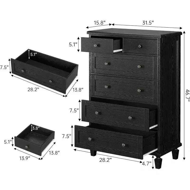 Vintage 6 Drawer Dresser with Tapered Legs, Wooden Tall Chest of Drawers - Ideal for Bedroom Living Room Entryway Office