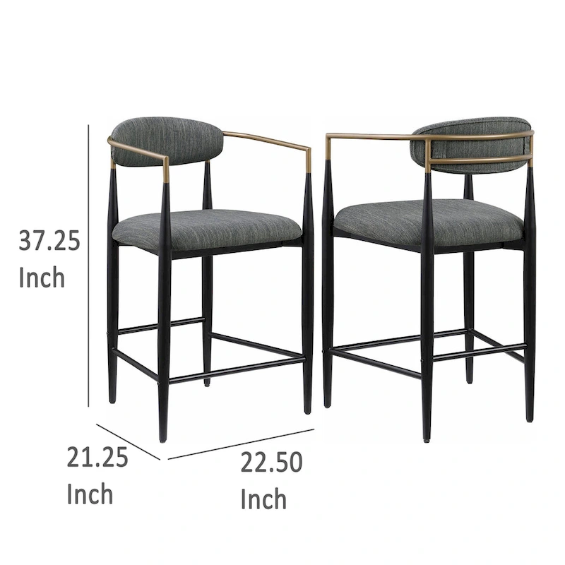 Tiara Counter Chair Set of 2, Gray Fabric, Gold, Black Metal 25 Inch