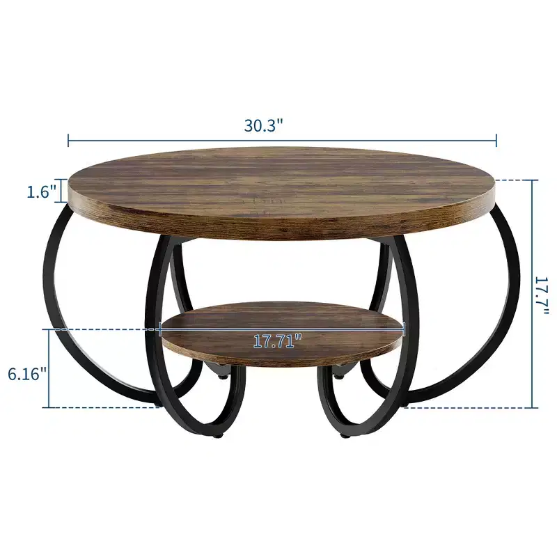 Round Farmhouse Coffee Table with Storage Shelf, 2-Tier Rustic Wood Center Table with Curved Metal Legs