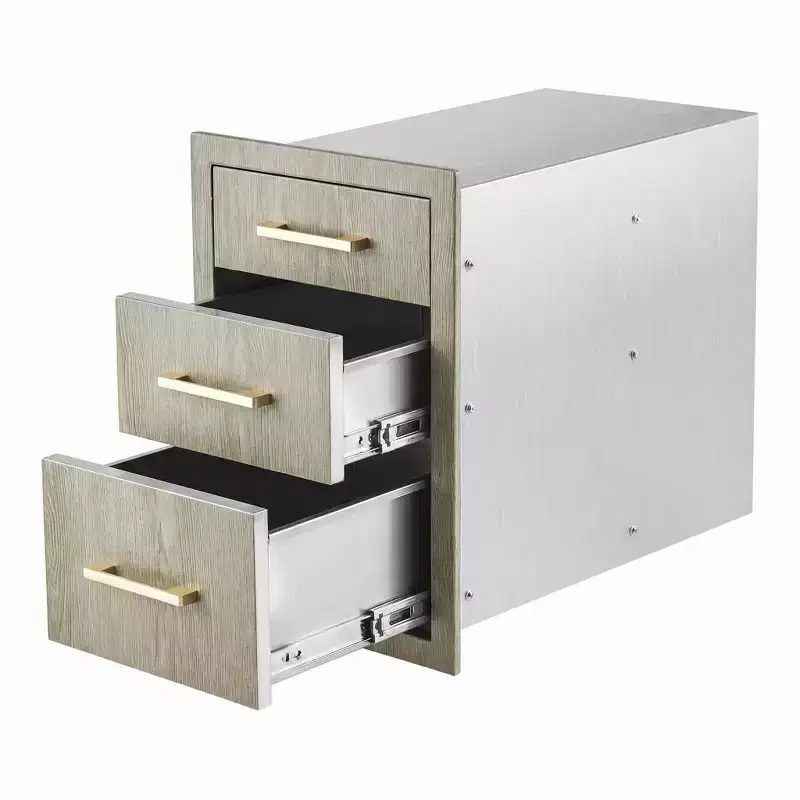 Heavy Duty Stainless Steel Triple Drawer Storage Cabinet, Weather Resistant Flush Mount for Outdoor Kitchen BBQ Island