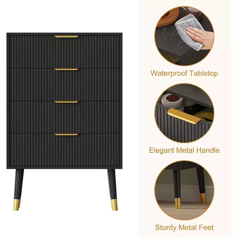 4-Drawer Fluted Dresser with Gold Handles & Metal Legs, Modern Bedroom Chest, Black/White