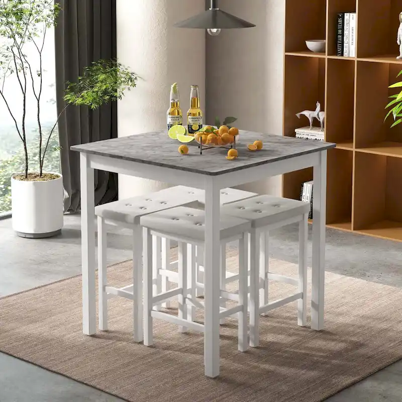 Costway 5 PCS Bar Table Set Square Dining Table & 4 PVC Leather