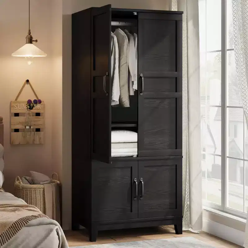 4-Door Wooden Armoire, 72 Tall Wardrobe Closet with Hanging Rod & Adjustable Shelves, Freestanding Clothing Storage Cabinet for Bedroom