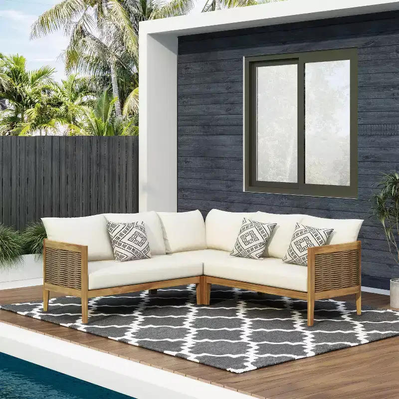 GDFStudio Hiland Outdoor Acacia Wood and Round Wicker 5 Seater Sectional Sofa Set with Cushions, Teak/Beige