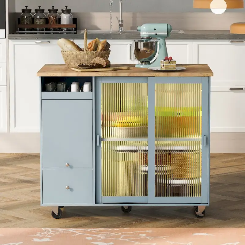 Kitchen Island with Drop Leaf and LED Light