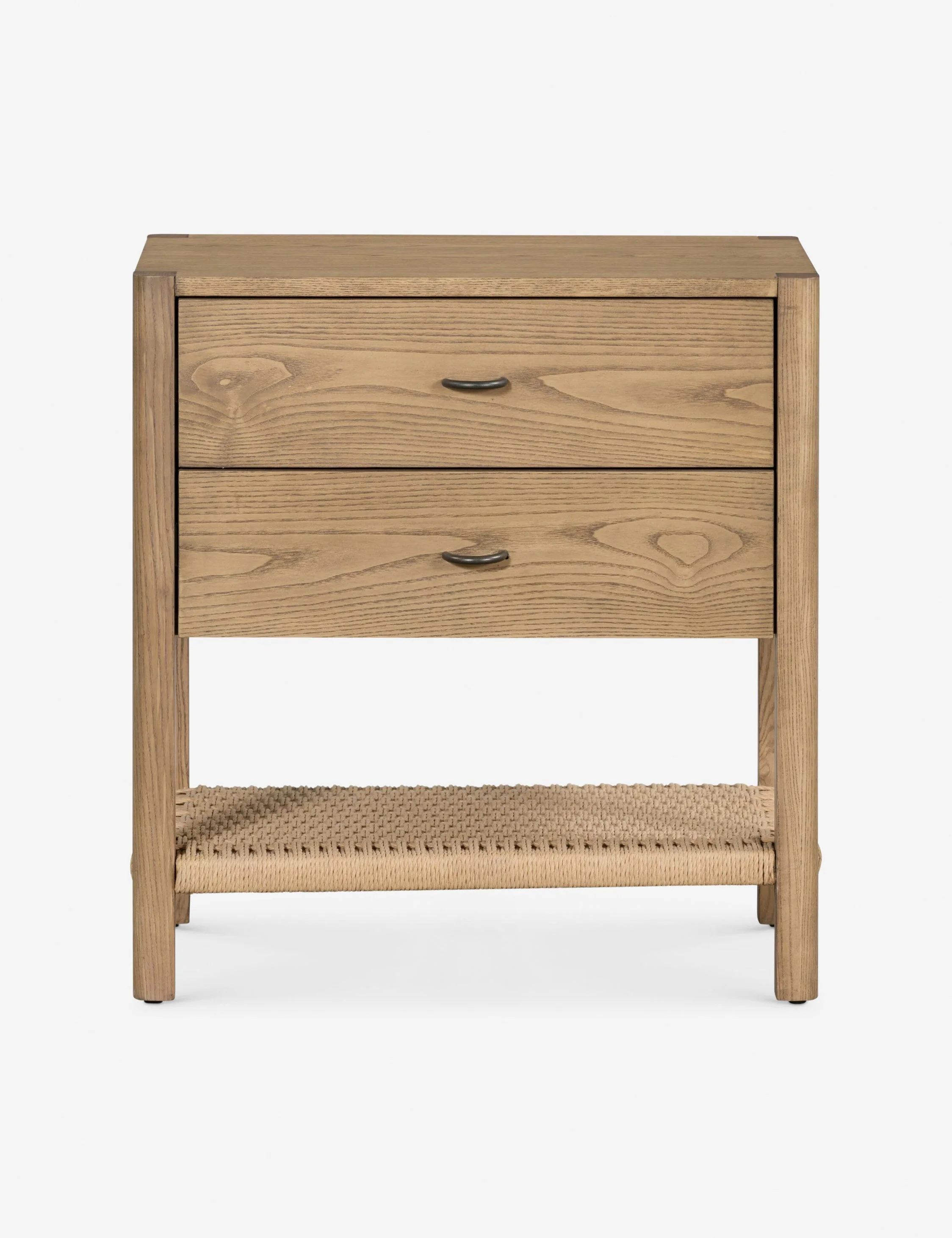 Nightstand A clean-cut, ash wood design brings Danish-inspired warmth to this nightstand. Iron arch pulls complete the look, while a woven cord
