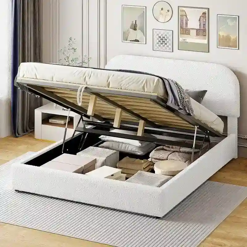 Teddy Fleece Queen Size Upholstered Platform Bed with Hydraulic Storage System