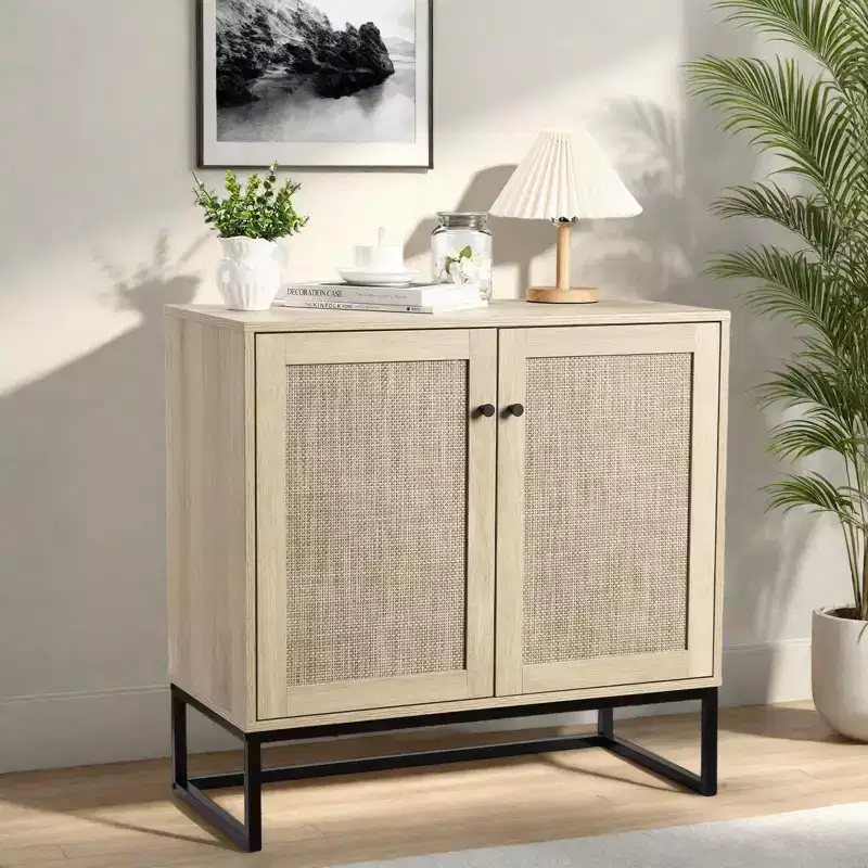 Sideboard Cabinet, Boho Rattan Buffet Storage Cabinet, Entryway Accent Table for Living Room Hallway Kitchen