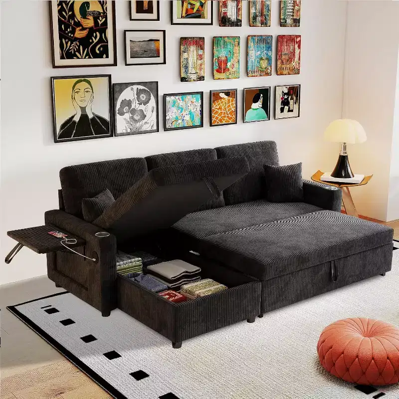 MooxvMoo 83 Convertible Sofa Bed Couch with Storage & USB Port, 4 in 1 L Shaped Sofa with Pull Out Couch Bed, Side Table, Cup Holder,Black