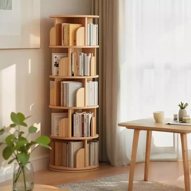 5 Tier Rotating Bookshelf, 360 Display Round Spinning Bookshelf, Double-Layer Base Design Space-Saving Rotating Bookshelf Tower