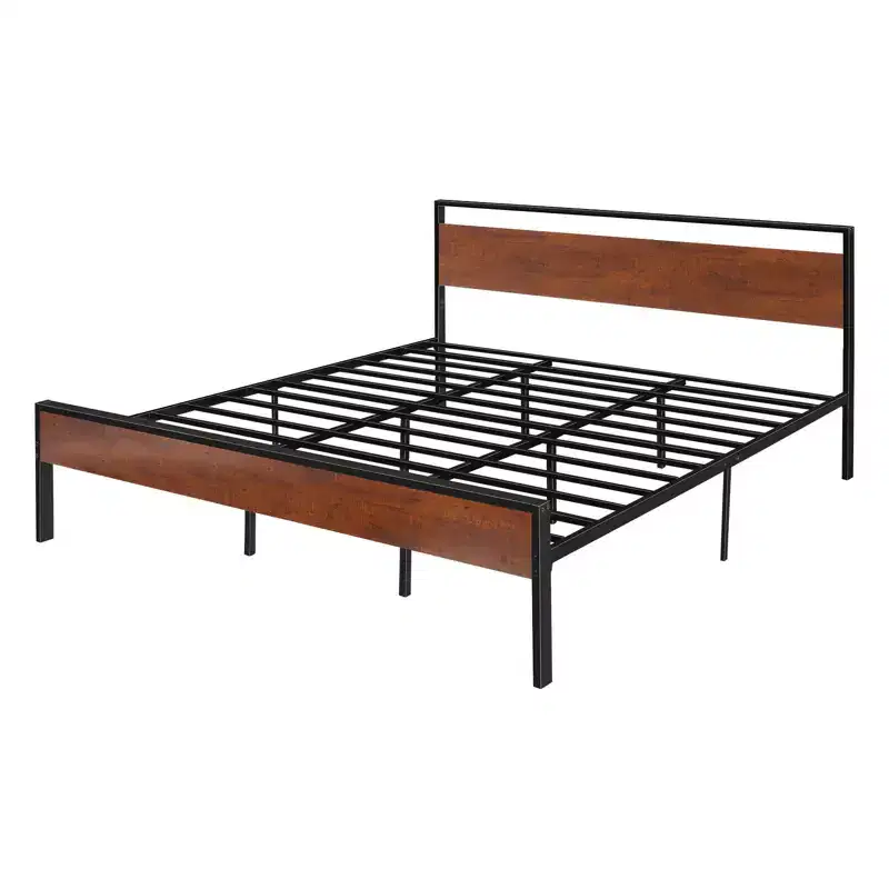 King Size Bed Frame, 14 Inch Black Metal Platform Bed Frame with Retro Brown Wooden Headboard and Footboard, Large Under-Bed Storage, Brown