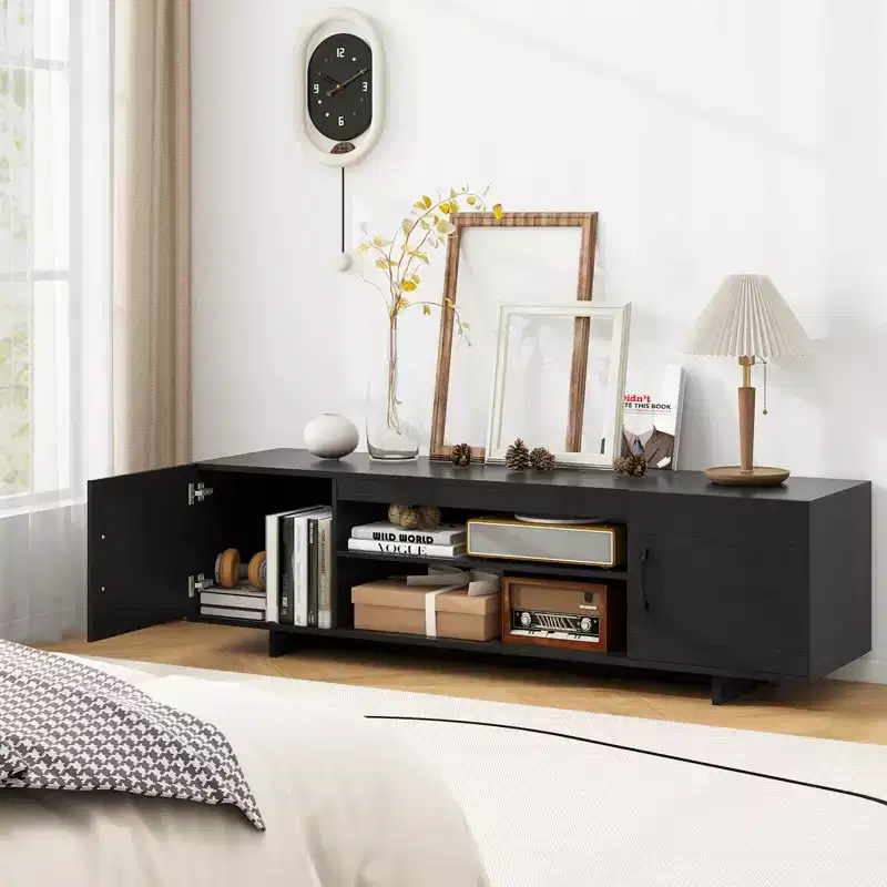 Costway TV Stand for 70 TVs Modern Entertain Center with Power Outlet & 2 Cable Holes Brown/Black
