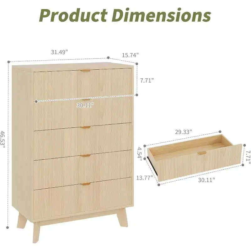 Acekool 5 Drawer Storage Cabinet, 32 Tall Mid Century Modern Fluted Dresser, Oak Chest for Bedroom, Living Room, Hallway