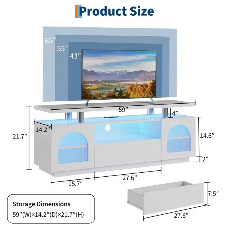 TV Stand, Modern Entertainment Center with Power Outlets & LED Lights for 65 TV, Media Console with Large Drawer & Adjustable Shelves, White