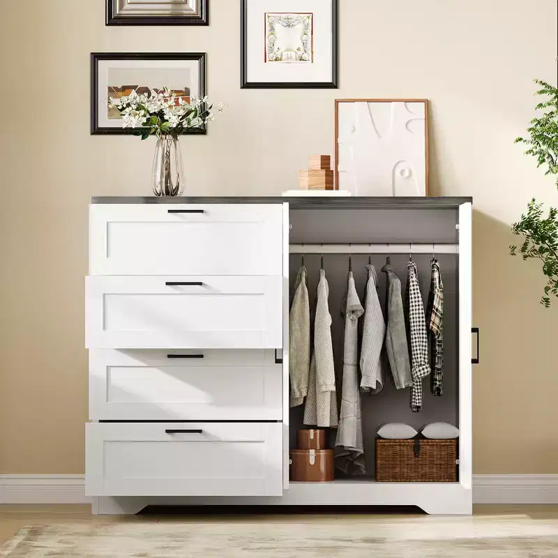 43.3'' H Multifunctional Wooden Dresser, 2 Door Wardrobe Armoire Closet with 4 Drawers and Hanging Rod, Wooden Dresser Cabinet for Bedroom