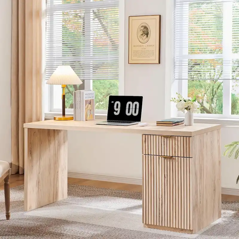 60 Modern Executive Desk, Wood Home Office Desk, Fluted Computer Desk