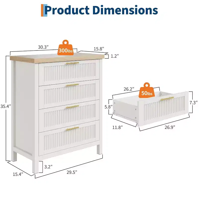 4-Drawer Dresser, Modern Wooden Bedroom Chest of Drawers With Handles and Storage Drawers, Farmhouse Style TV Stand for Living Room, Bedroom, Hallway