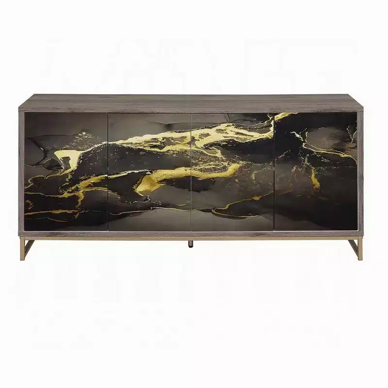 Sideboard Console Cabinet, Black Marble Look, Brown Wood 65 Inch