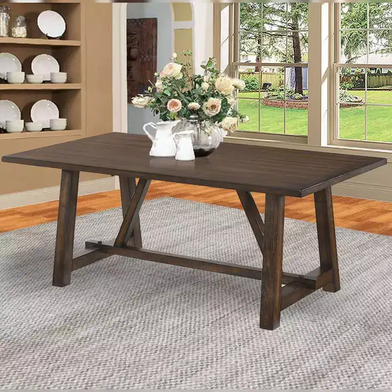Rectangle Dining Table Dark Oak Finish Trestle Base Seats 6 Wood Composite 72
