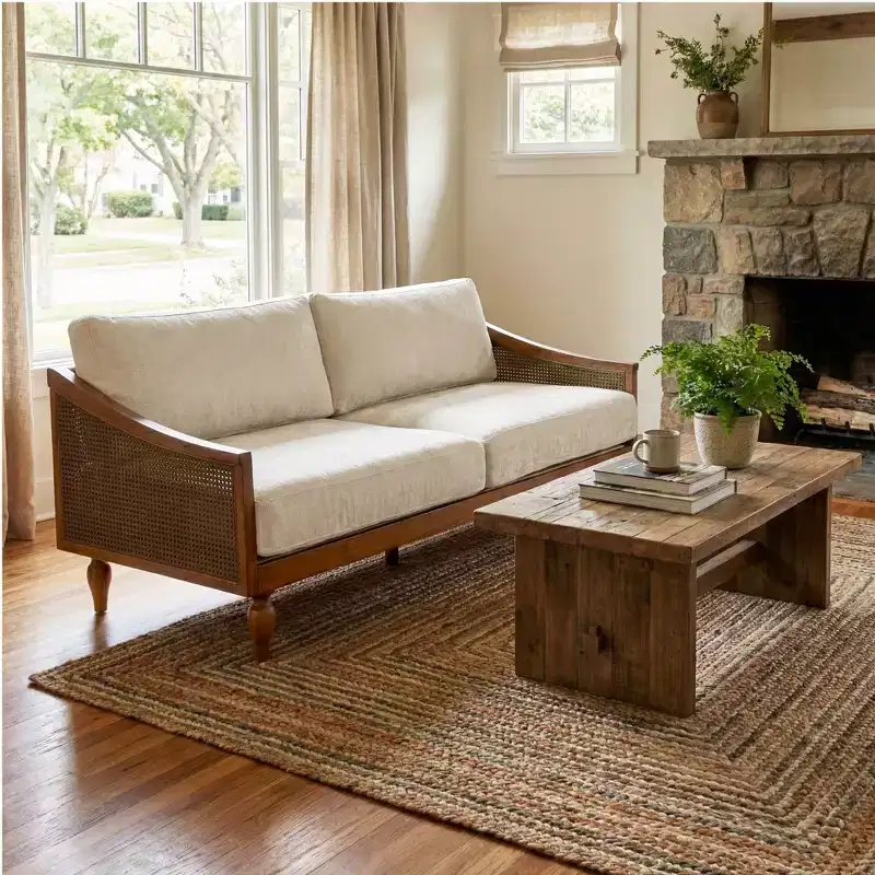 Christopher Knight Home Sachiko 70.9 Mid-Century Modern 2-Seater Rubberwood Chenille Upholstered Sofa with Rattan Armrests
