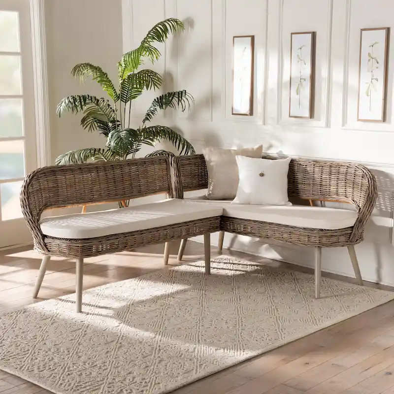 Modern Bohemian Natural Kubu Rattan and Acacia Wood Dining Nook Banquette